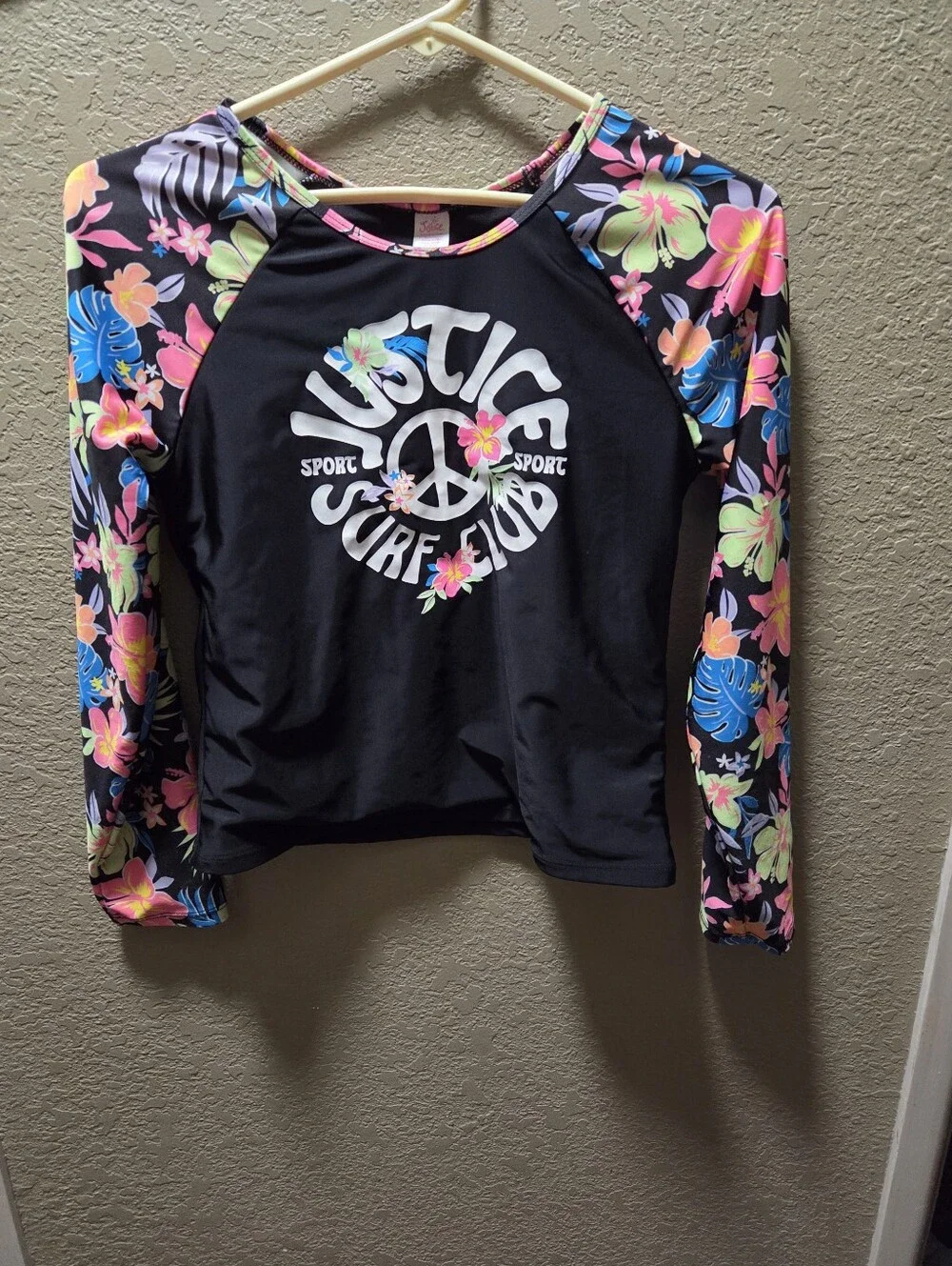 Justice Girl's Surf Club XL 16/18 Black Floral Rash Guard